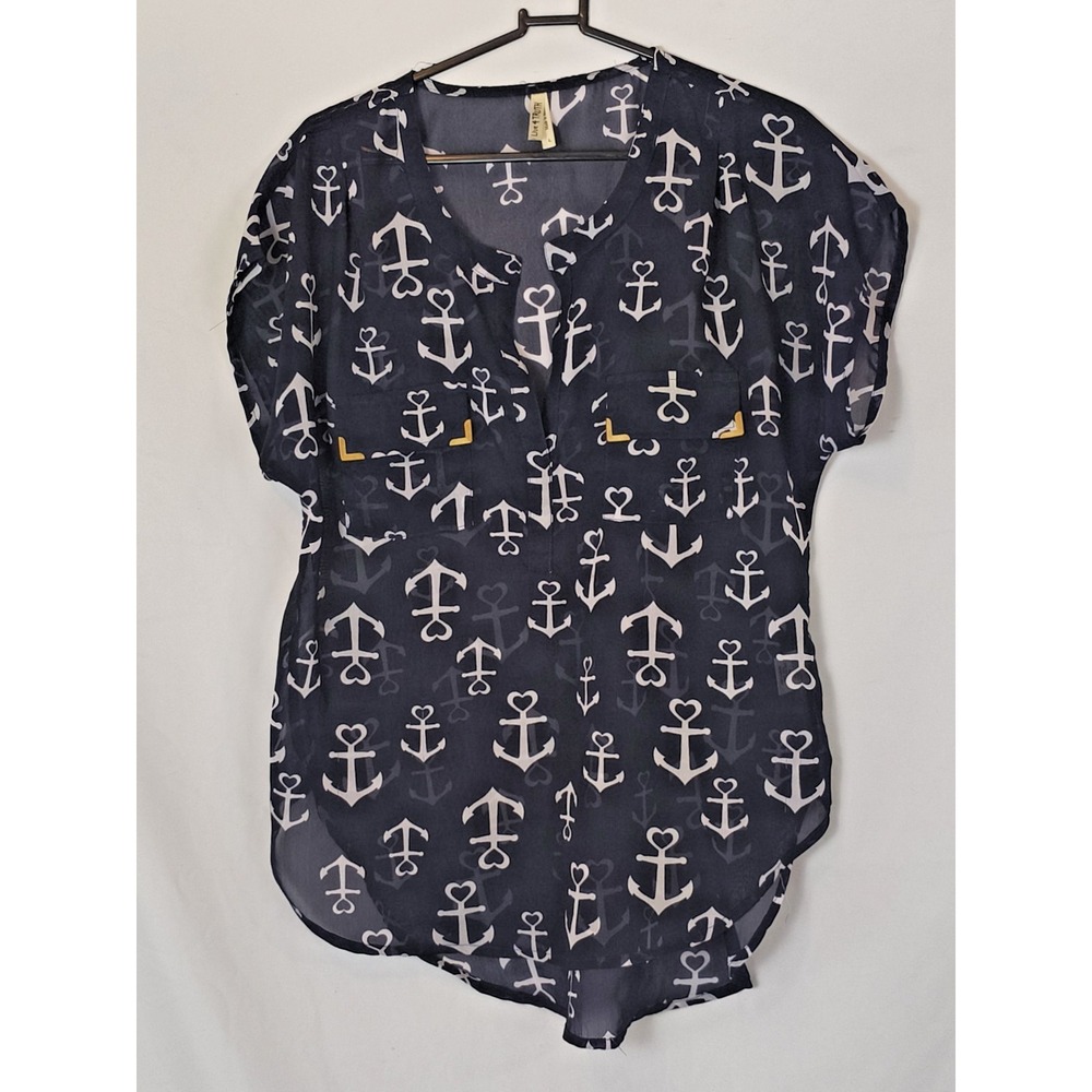 Live 4 Truth Sheer Navy Nautical Anchors Short Sleeve Blouse Size L Coastal Boat
